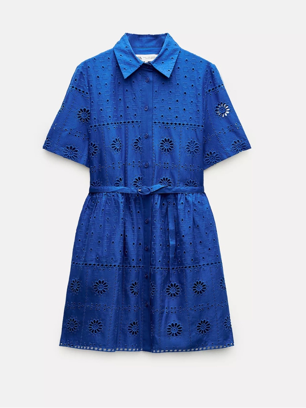 Zara Cobalt Eyelet Shirt Dress with Tie Belt